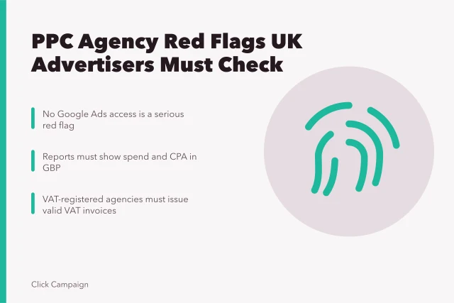 Card listing PPC agency red flags: account access, GBP reporting, VAT invoices. PPC agency red flags: 10 warning signs UK advertisers shouldn't ignore