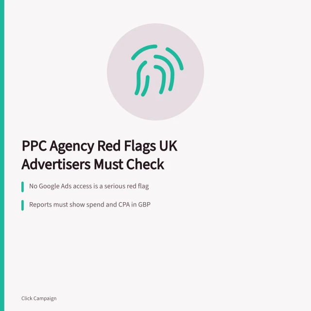 Card listing PPC agency red flags: account access, GBP reporting, VAT invoices. PPC agency red flags: 10 warning signs UK advertisers shouldn't ignore