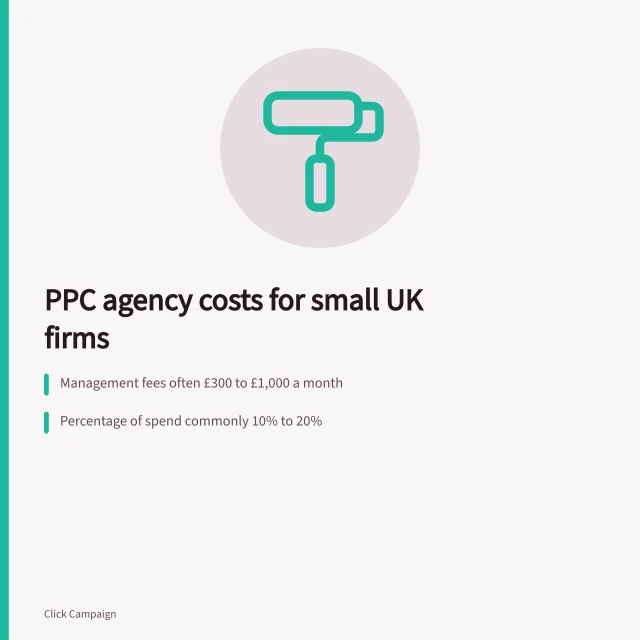 Card comparing PPC agency fees, pricing models and setup costs for small UK businesses. PPC agency for small businesses: UK options and costs